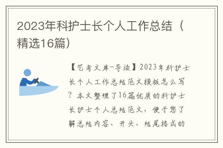 2023年科护士长个人工作总结（精选16篇）