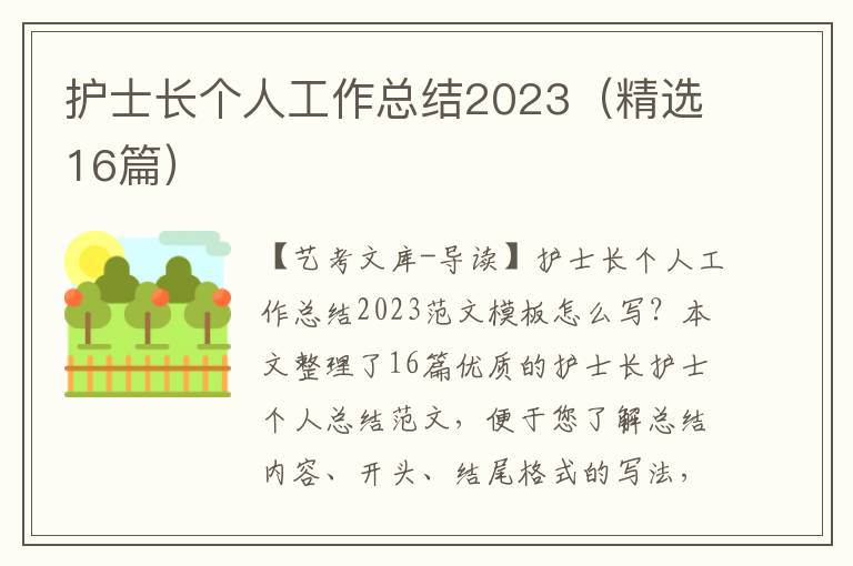 护士长个人工作总结2023（精选16篇）